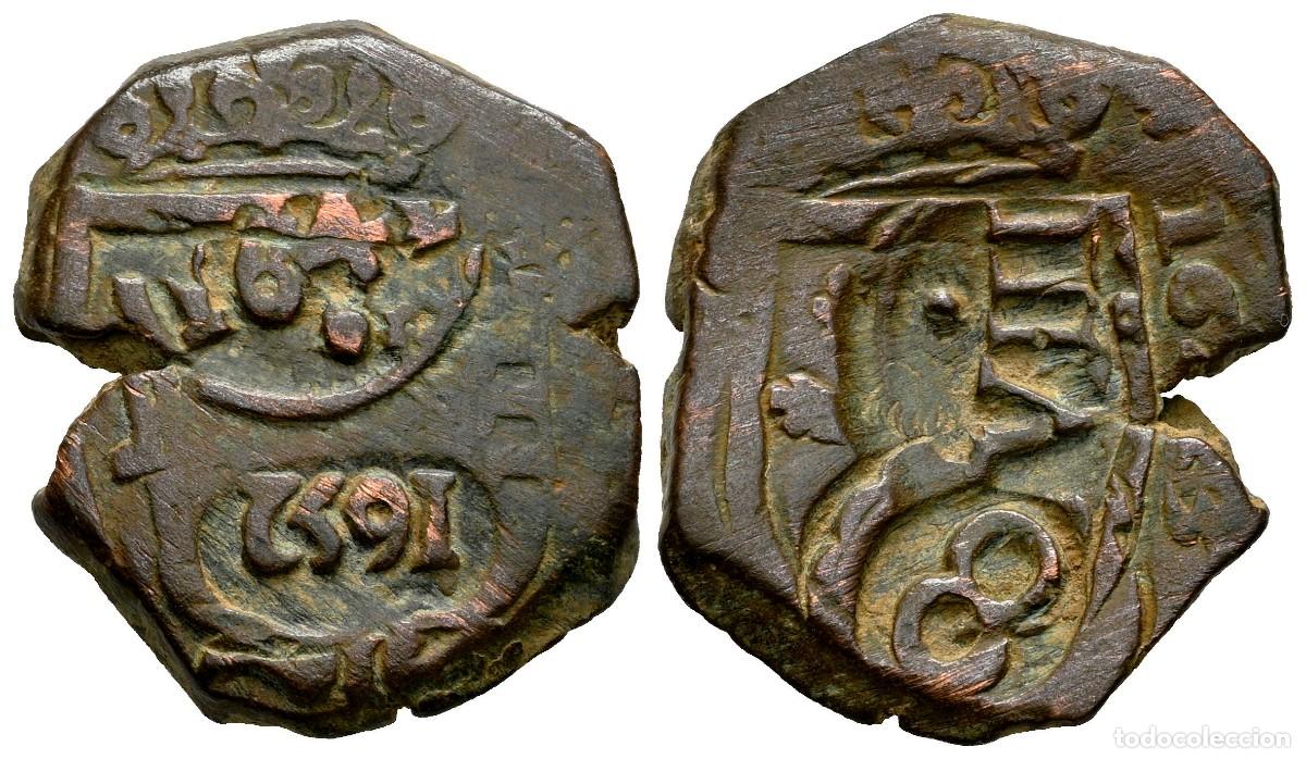 Monedas de Espa&ntilde;a: SC-Spain. Felipe IV. 8 maravedis 1652 &rdquo;Doble resello&rdquo; MBC+/VF+ Cobre 6,84 g.