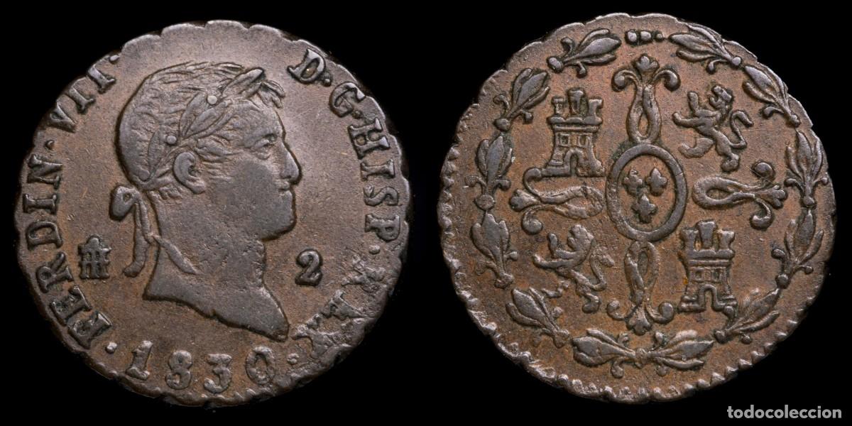 Monedas de Espa&ntilde;a: 1830, 2 Maravedis Ferdinand VII, Segovia Mint - 18 mm / 2,72 gr.