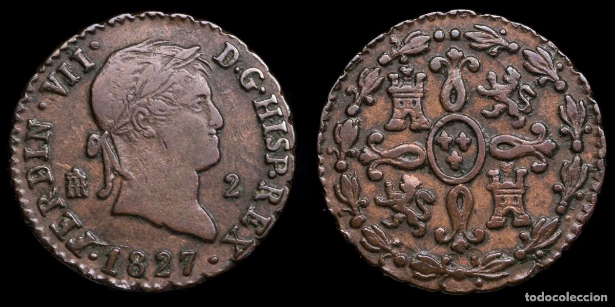 Monedas de Espa&ntilde;a: 1827, 2 Maravedis Ferdinand VII, Segovia Mint - 19 mm / 2,65 gr.