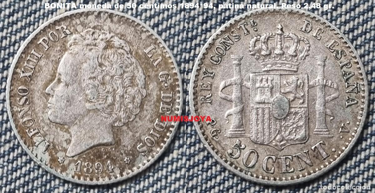 Monedas de Espa&ntilde;a: Alfonso XIII 50 C&eacute;ntimos Plata a&ntilde;o 1894*94 PG V. Peso actual 2,49 gr. BONITA CON PATINA.
