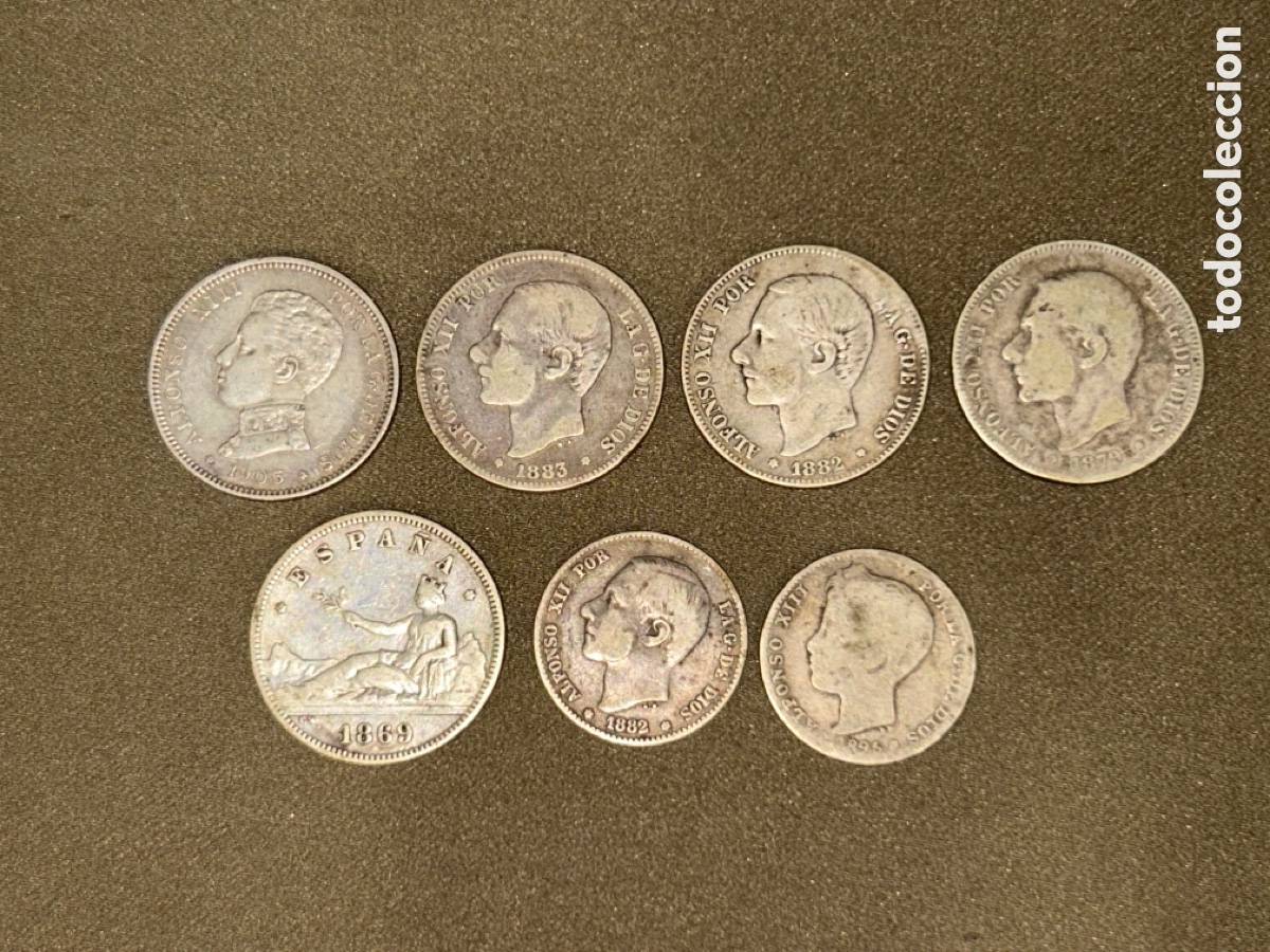 Monedas de Espa&ntilde;a: LOTE DE 7 MONEDAS DE PLATA, 5 DE 2 PTAS Y 2 DE 1 PTAS *VER FOTOS*