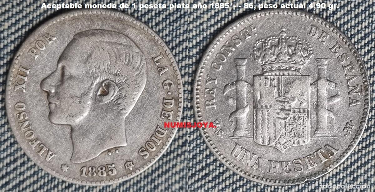 Monedas de Espa&ntilde;a: Alfonso XII a&ntilde;o 1885*86. ESCASA y BONITA moneda de 1 peseta PLATA. Peso 4,90 gr. P&aacute;tina original.
