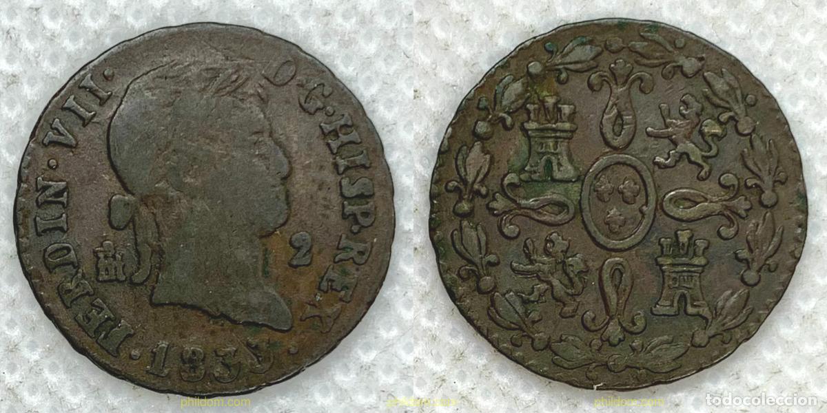 M&uuml;nzen von Spanien: 3243 ESPA&Ntilde;A 1833 FERNANDO VII 1833 SEGOVIA 2 MARAVEDIS
