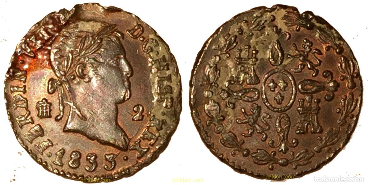M&uuml;nzen von Spanien: 1884 ESPA&Ntilde;A 1833 FERNANDO VII 1833 SEGOVIA 2 MARAVEDIS