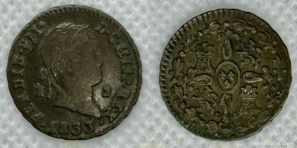 M&uuml;nzen von Spanien: 3897 ESPA&Ntilde;A 1833 FERNANDO VII 1833 SEGOVIA 2 MARAVEDIS