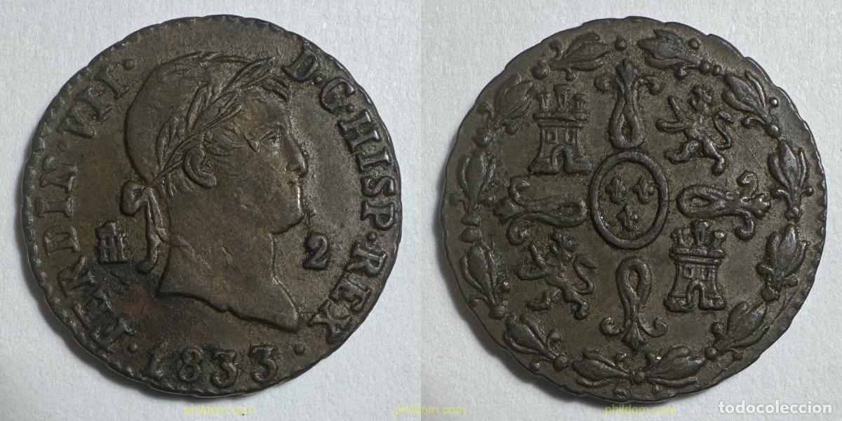 M&uuml;nzen von Spanien: 5306 ESPA&Ntilde;A 1833 FERNANDO VII 1833 SEGOVIA 2 MARAVEDIS