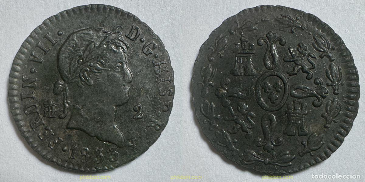 M&uuml;nzen von Spanien: 5309 ESPA&Ntilde;A 1833 FERNANDO VII 1833 SEGOVIA 2 MARAVEDIS