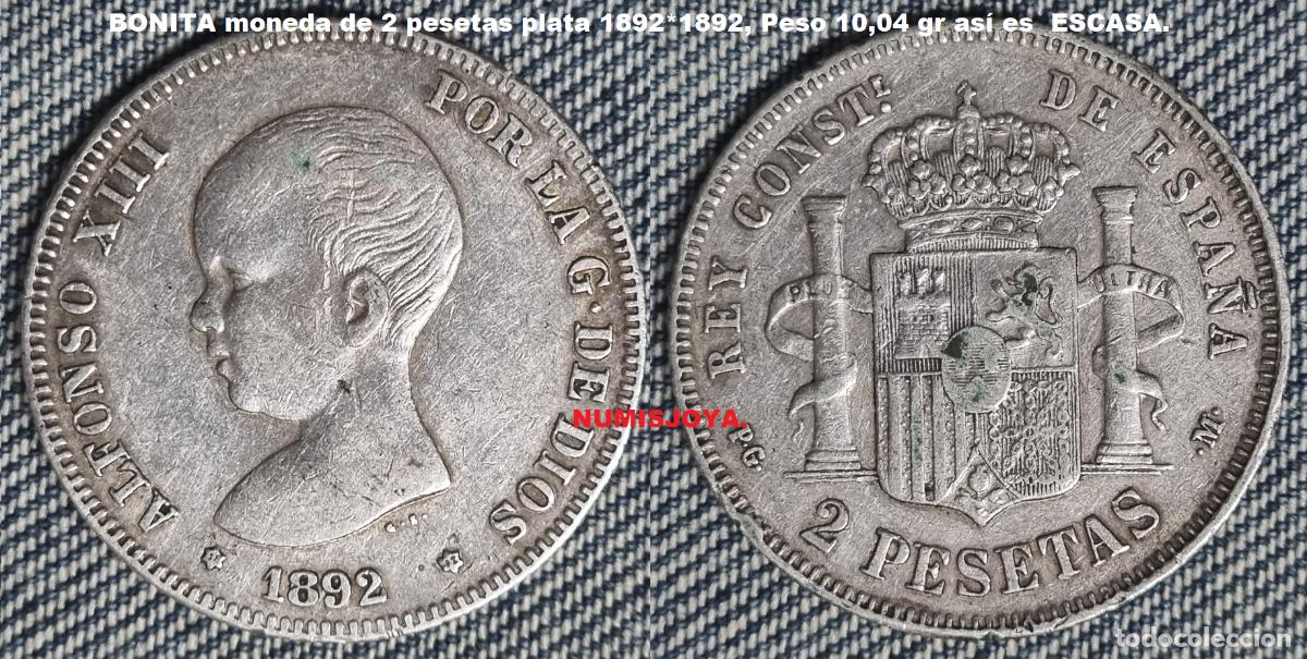 Monedas de Espa&ntilde;a: Bonita Moneda de 2 pesetas Plata Alfonso XIII a&ntilde;o 1892*1892. Peso 10,04 gr.