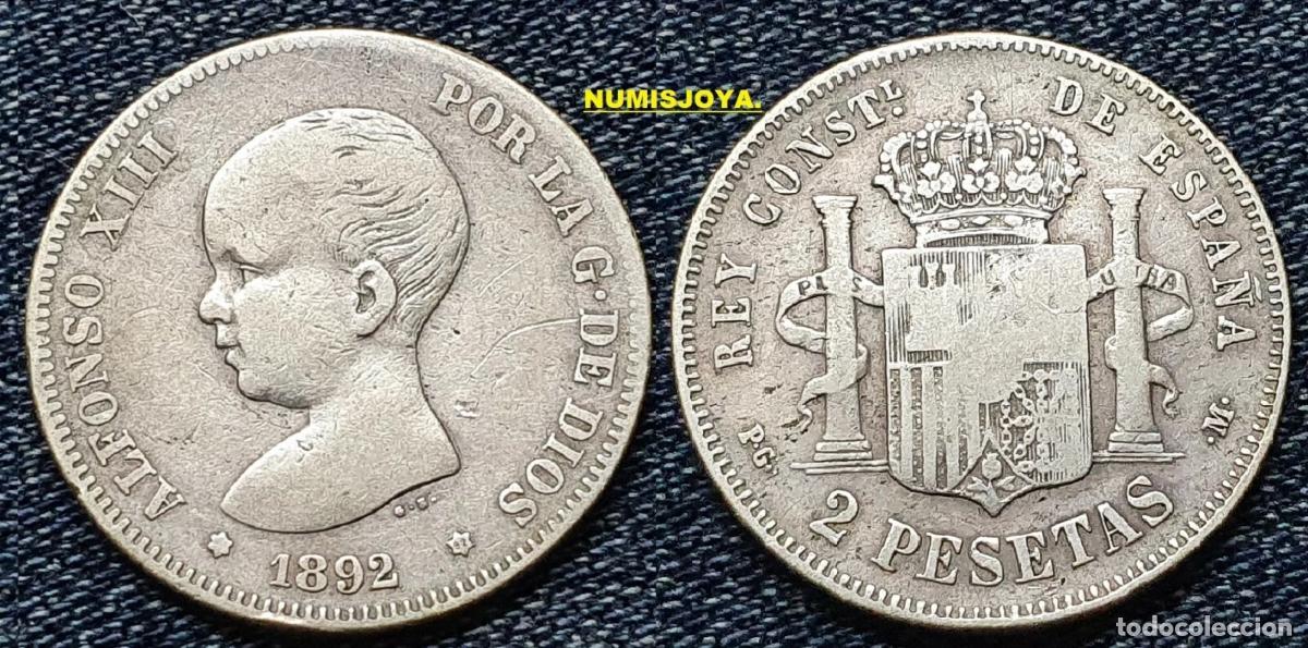 Monedas de Espa&ntilde;a: Moneda de 2 pesetas Plata Alfonso XIII a&ntilde;o 1892* - - 92. Peso 9,75 gr.