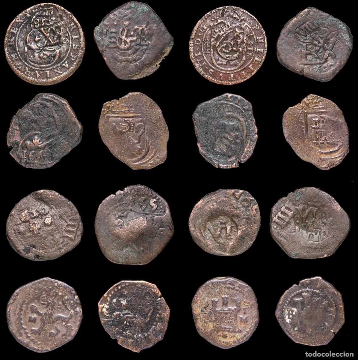 Monnaies d'Espagne: 17th-Century Spanish Copper Counterstamps (Spanish Cob), 8 Coins Lot