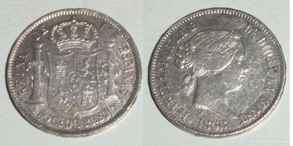 Monedas de Espa&ntilde;a: 50 Ctvos. de Peso 1868 Manila - Foto 1