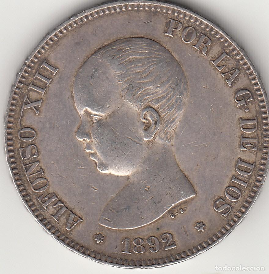 Monedas de Espa&ntilde;a: ALFONSO XIII: 5 PESETAS 1892 PGM - ESTRELLAS 18-92 PLATA