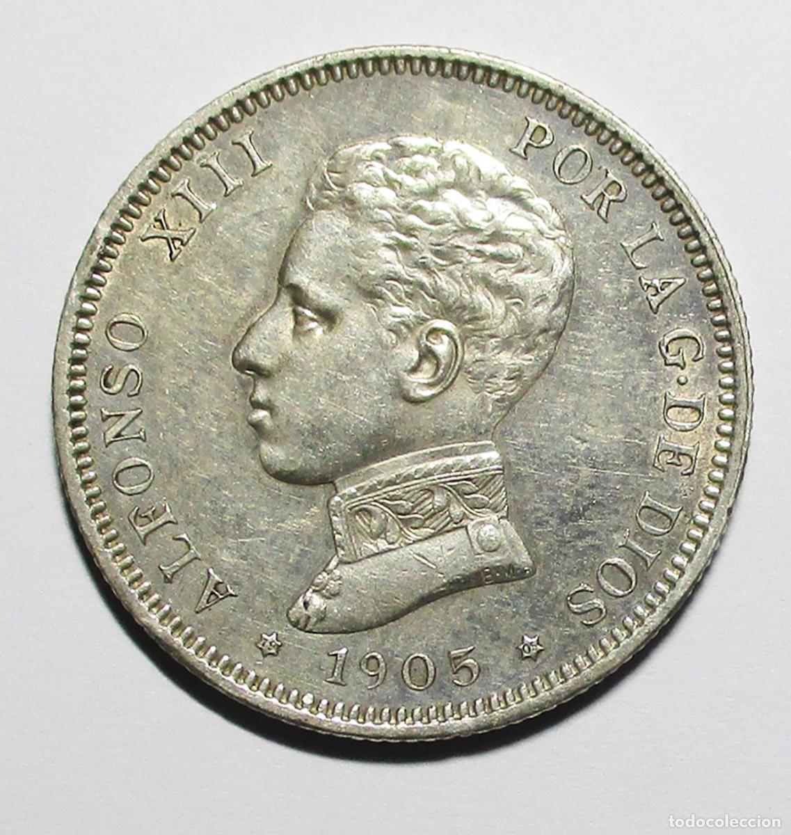 Coins of Spain: ALFONSO XIII, 1905. 2 PESETAS DE PLATA 1905 * 19 - 05. CECA DE MADRID-S.M.V. LOTE 5723