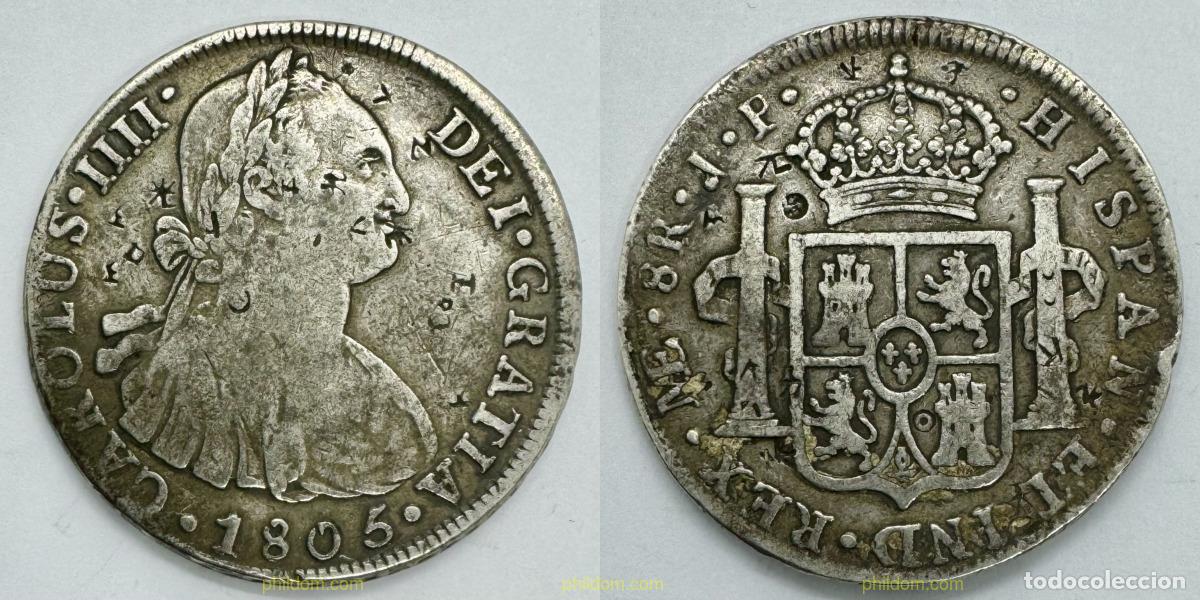 Coins of Spain: 3930 ESPA&Ntilde;A 1805 CARLOS IV 1805 JP 8 REALES LIMA RESELLOS CHINOS