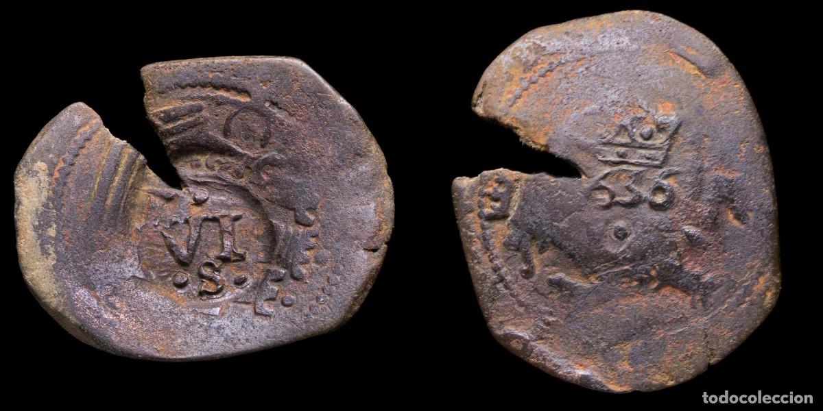 Monedas de Espa&ntilde;a: 1636, 6 Maravedis Philips IV Resello, Sevilla Mint - 24 mm / 3,12 gr.