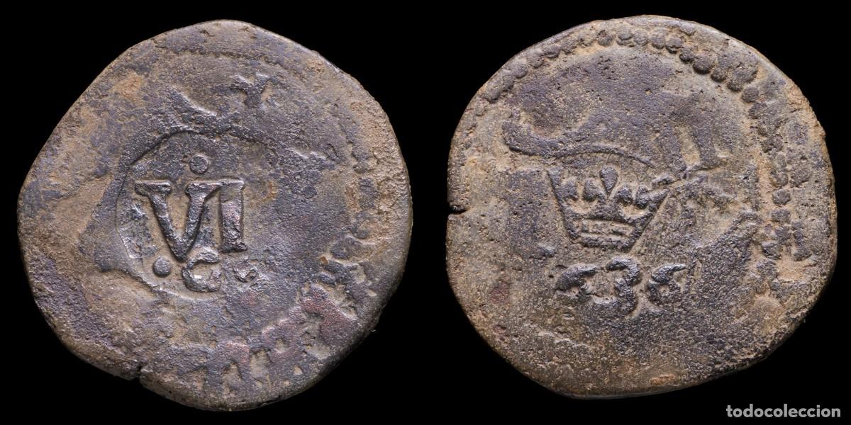 Monedas de Espa&ntilde;a: 1636, 6 Maravedis Philips IV Resello, Granada Mint - 22 mm / 4,50 gr.