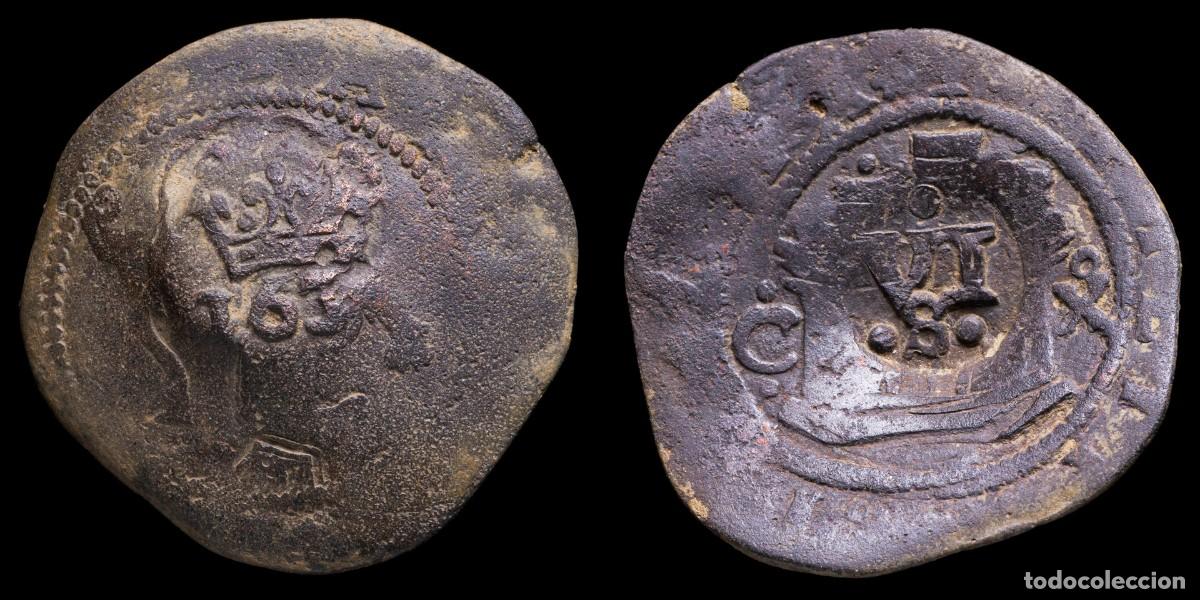 Monedas de Espa&ntilde;a: 1636, 6 Maravedis Philips IV Resello, Sevilla Mint - 24 mm / 3,61 gr.