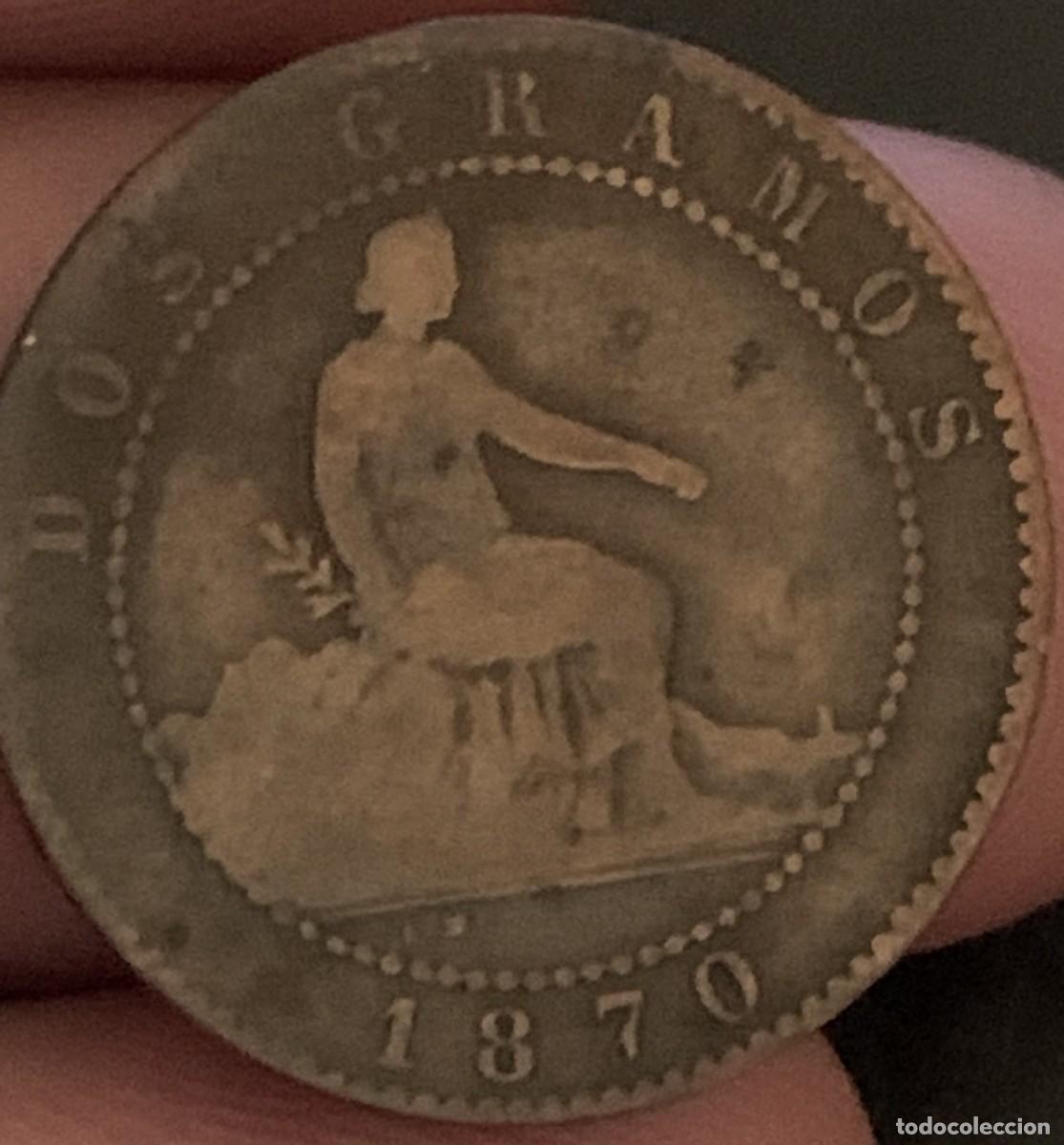Monedas de Espa&ntilde;a: Espa&ntilde;a 2 C&eacute;ntimos 1870 Gobierno Provisional Bronce BC Moneda Original/Spain 2 Centimos 1870 coin