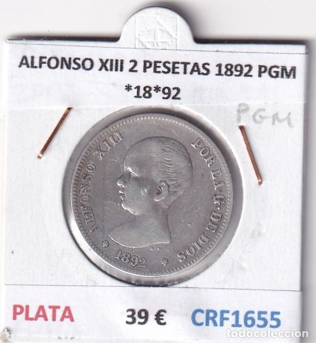 Moedas de Espanha: CRF1655 MONEDA ESPA&Ntilde;A ALFONSO XIII 2 PESETAS 1892 PGM *18*92 PLATA