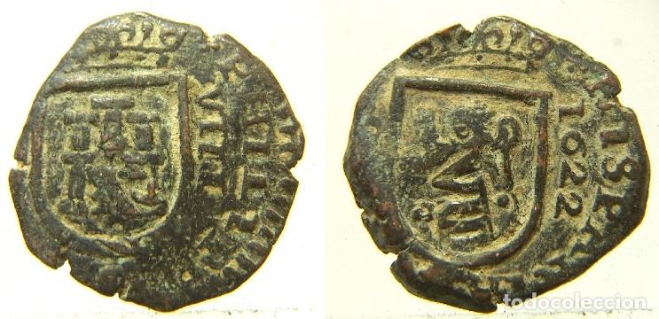 Monedas de Espa&ntilde;a: Moneda de Felipe IV 8 maraved&iacute;s 1622 resellados , mide 22 mm
