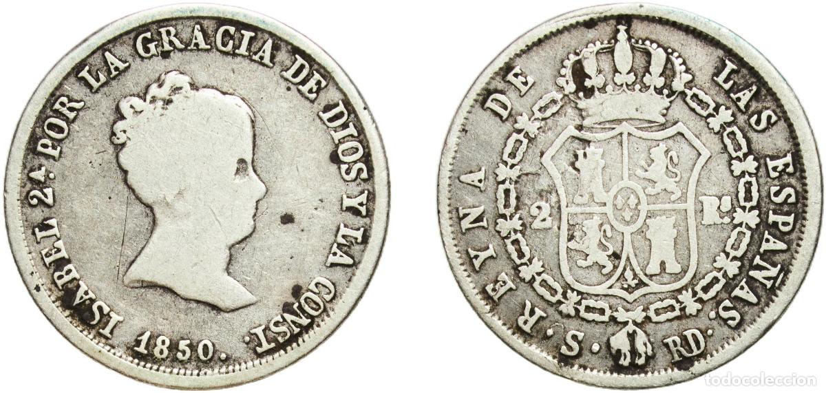 Monedas de Espa&ntilde;a: Spain Kingdom 1850 S RD 2 Reales - Isabel II (1st portrait,2nd type) Silver (.812) Seville Mint 2.4
