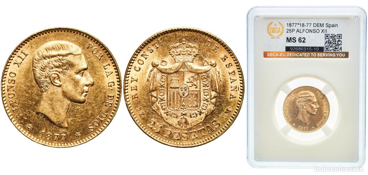 Monedas de Espa&ntilde;a: Spain Kingdom 1877 18-77 DEM 25 Pesetas - Alfonso XII (2nd portrait) Gold (.900) Madrid Mint (1004