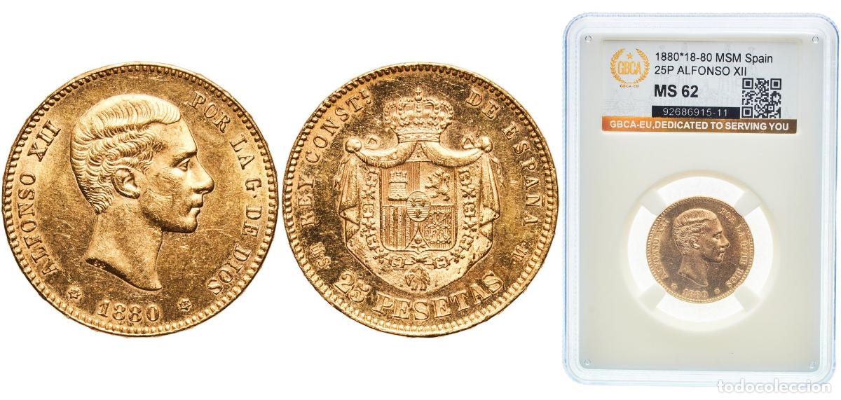 Monedas de Espa&ntilde;a: Spain Kingdom 1880 18-80 MSM 25 Pesetas - Alfonso XII (2nd portrait) Gold (.900) Madrid Mint 8.06g