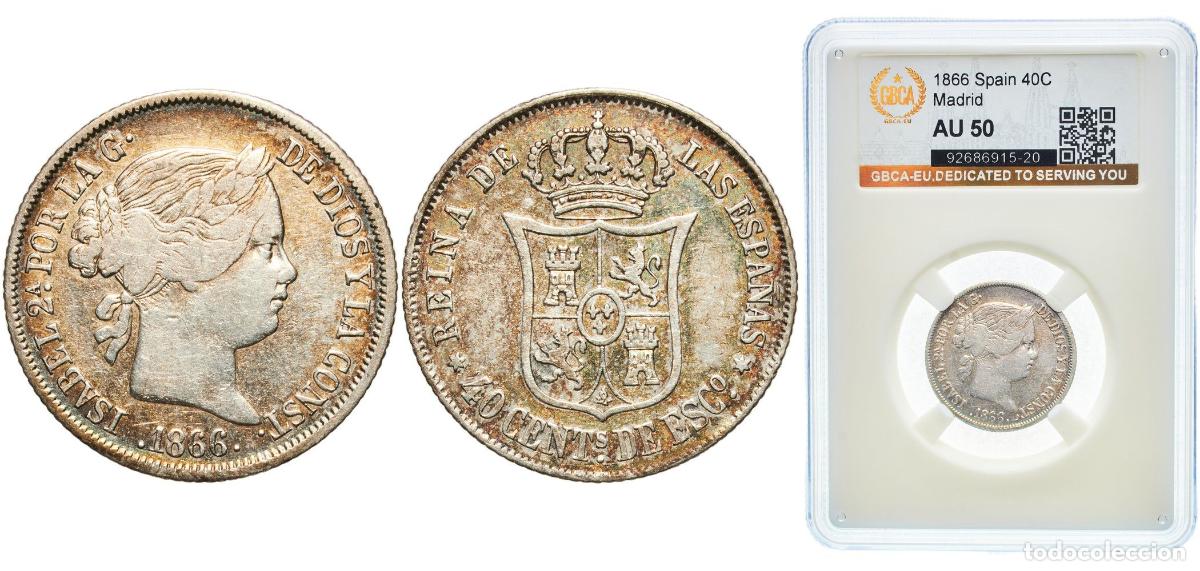Monedas de Espa&ntilde;a: Spain Kingdom 1866 40 Centimos de Escudo - Isabel II Silver (.810) Madrid Mint 5.2g GBCA AU KM 628