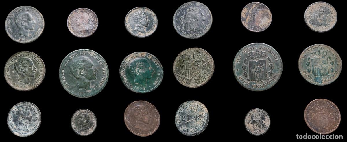 Monedas de Espa&ntilde;a: Alfonso XII and XIII, 1/2/5/10 Centimos. 9 Coins Lot.