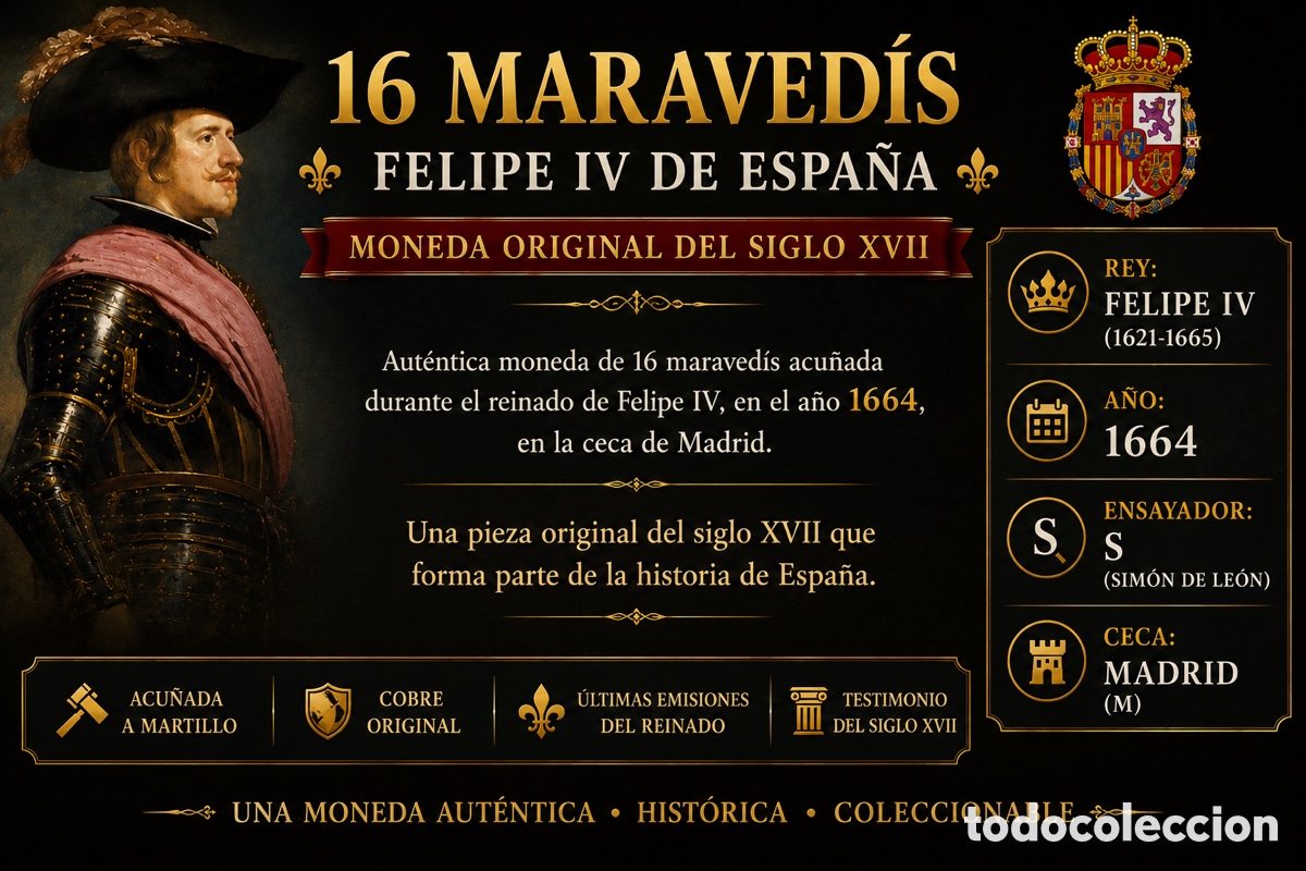 Monedas de Espa&ntilde;a: 16 Maravedis 1663. Rey de Espa&ntilde;a Felipe IV. Ceca Madrid - Foto 4