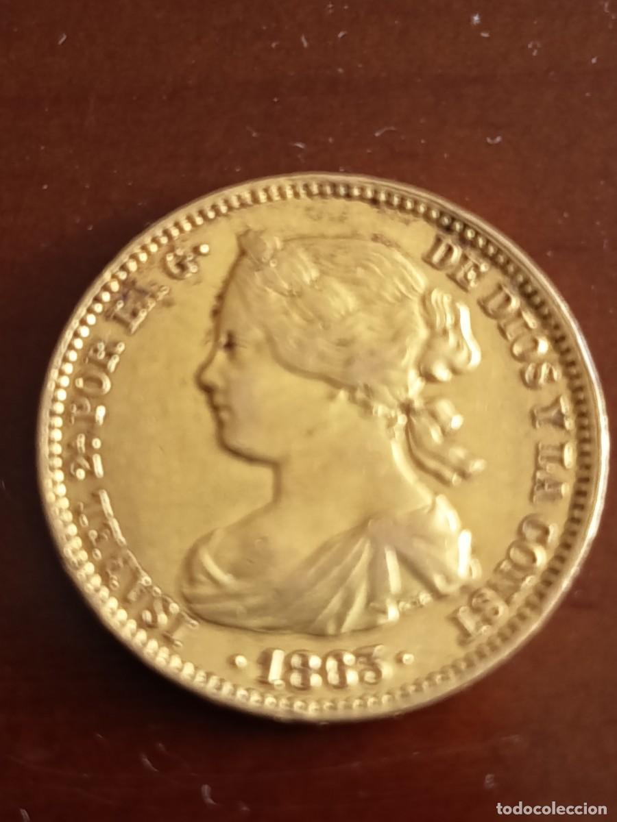 Monedas de Espa&ntilde;a: moneda de oro de 100 reales de Isabel II 1863: Isabelina o dobl&oacute;n