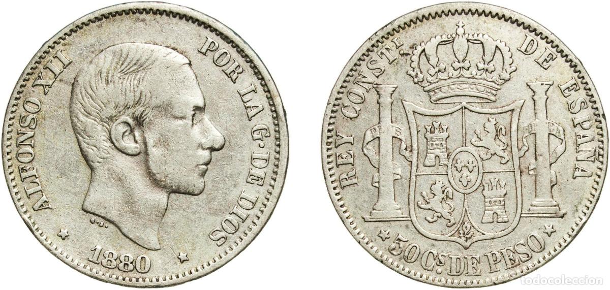 Monedas de Espa&ntilde;a: Philippines kingdom 1880 50 Centavos - Alfonso XII Silver (.835) Manila Mint (127050) 12.67g XF KM