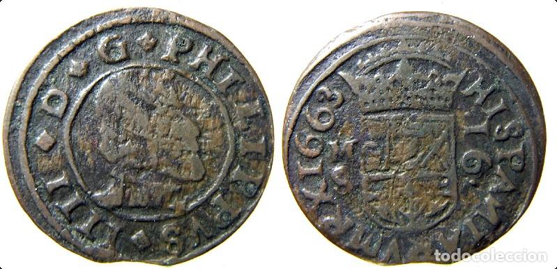 Monedas de Espa&ntilde;a: Moneda de Felipe IV 16 Maraved&iacute;s 1663 Madrid, con error falta la E de REX