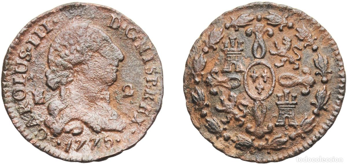 Monedas de Espa&ntilde;a: Spain Kingdom 1775 2 Maravedis - Carlos III Copper Segovia Mint 1.95g VF KM 406.2 Cal 1917 Aureo 38