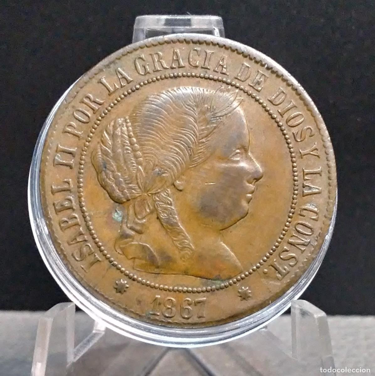 Monedas de Espa&ntilde;a: ESPA&Ntilde;A 5 C&Eacute;NTIMOS DE ESCUDO 1867 OM BARCELONA ISABEL II KM#635 MBC.