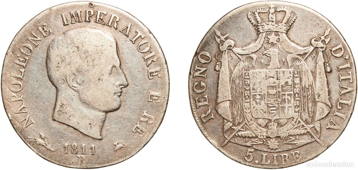 Monedas de Espa&ntilde;a: Italy Kingdom 1811 B 5 Lire - Napoleon I Silver (.900) Bologna Mint 24.59g VF MIR EM 62/5 KM 10.3