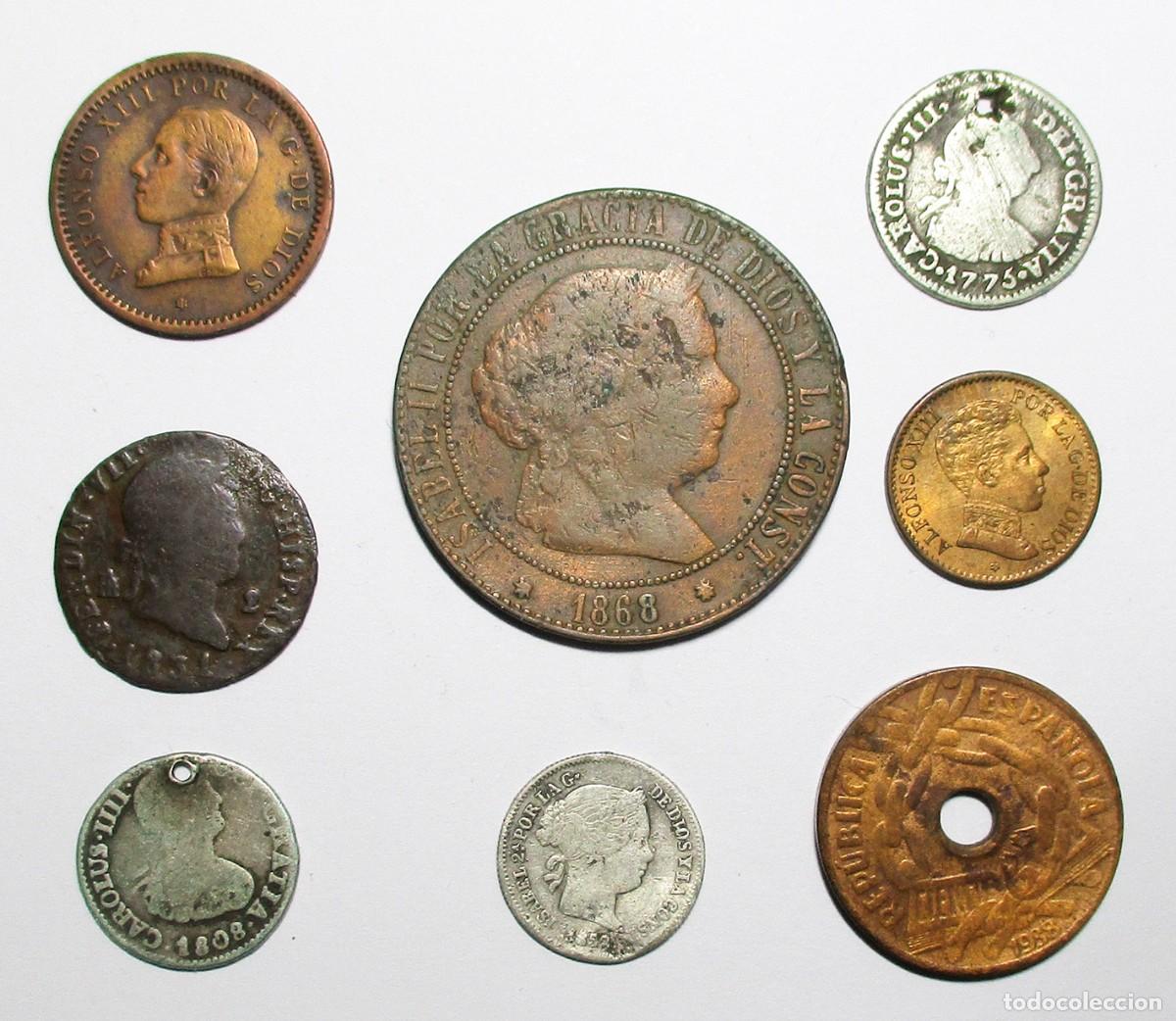 Monedas de Espa&ntilde;a: CONJUNTO DE 8 MONEDAS ESPA&Ntilde;OLAS ANTIGUAS EN PLATA Y COBRE. LOTE 5724