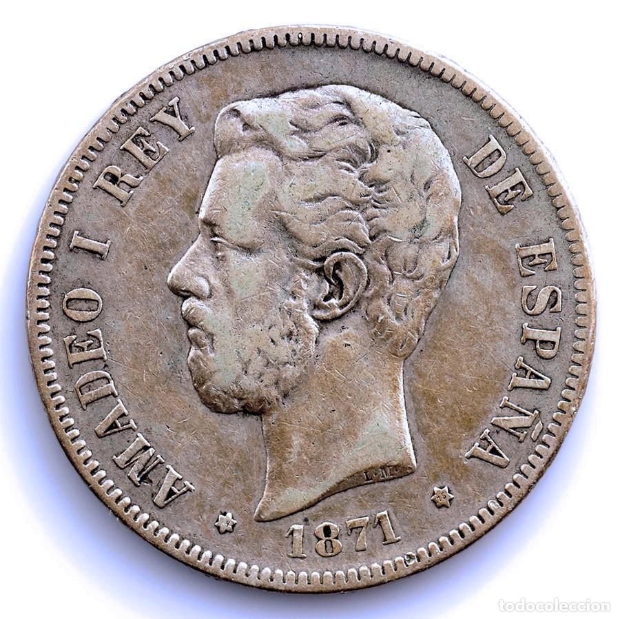 Monedas de Espa&ntilde;a: SC-Amadeo II. 5 Pesetas 1871*18-75 Madrid. Plata 24,4 g.