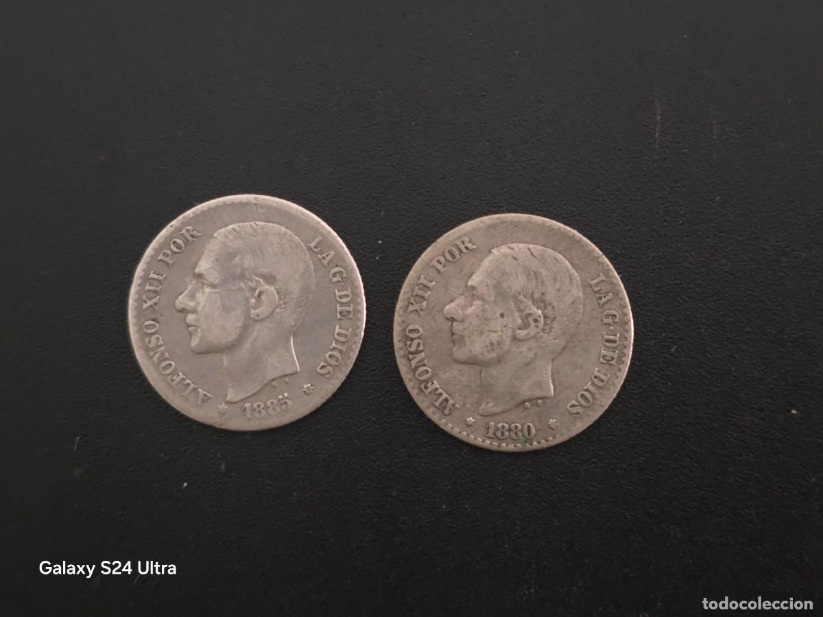 Monedas de Espa&ntilde;a: LOTE DE 2 MONEDAS DE 50 C&Eacute;NTIMOS DE 1880....ALFONSO XII...5 GRAMOS DE PLATA....LA DE LAS FOTOS