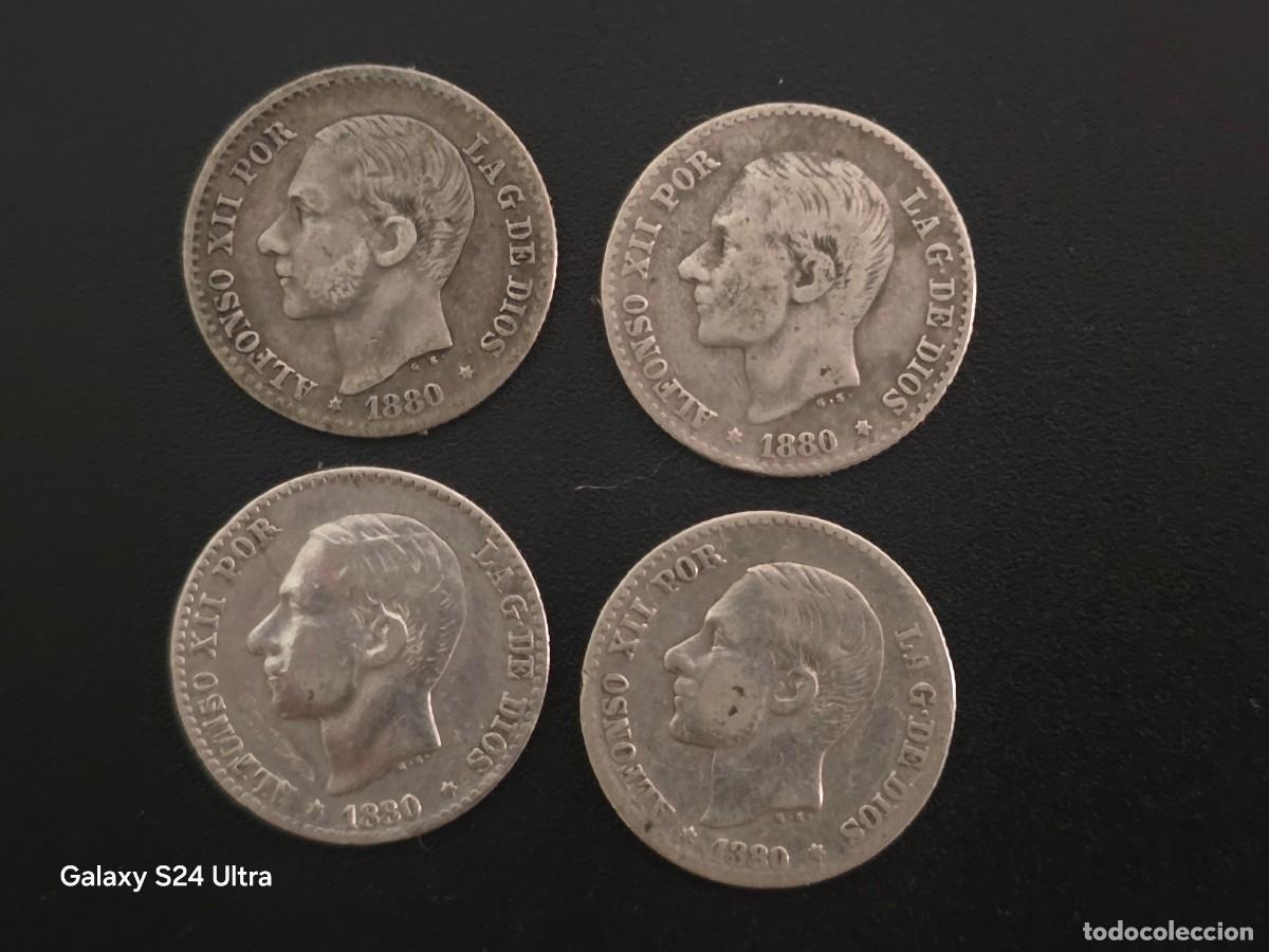 Monedas de Espa&ntilde;a: LOTE DE 4 MONEDAS DE 50 C&Eacute;NTIMOS DE 1880....ALFONSO XII...10 GRAMOS DE PLATA....LA DE LAS FOTOS