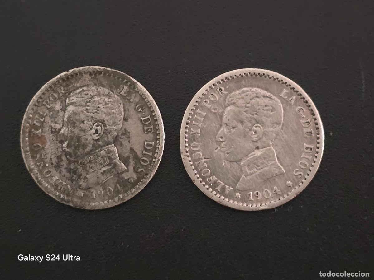 Monedas de Espa&ntilde;a: LOTE DE 2 MONEDAS DE 50 C&Eacute;NTIMOS DE 1904.....ALFONSO XIII...5 GRAMOS DE PLATA......LA DE LAS FOTOS