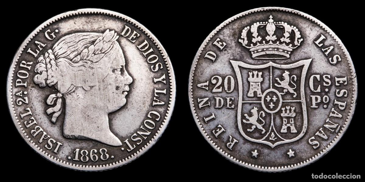 Monedas de Espa&ntilde;a: 1868, 20 Silver Centavos Peso Isabella II, Philippines Mint - 23 mm / 5,15 gr.