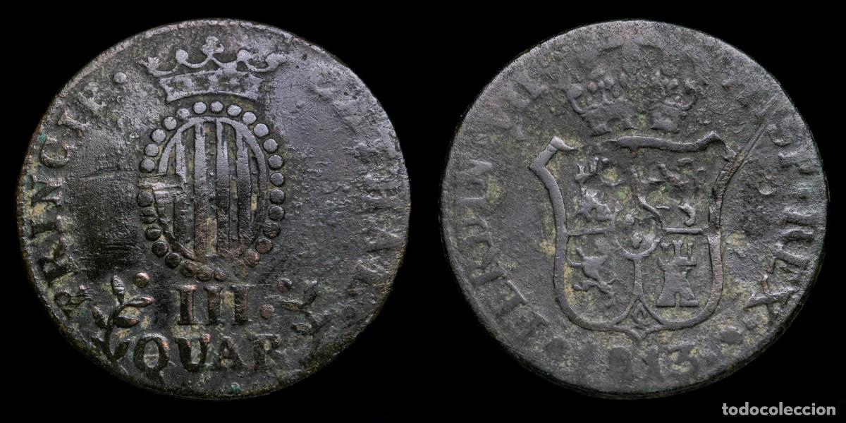 Monedas de Espa&ntilde;a: 1813, 3 Cuartos Isabella II, Principado de Catalu&ntilde;a Mint - 25 mm / 6,76 gr.