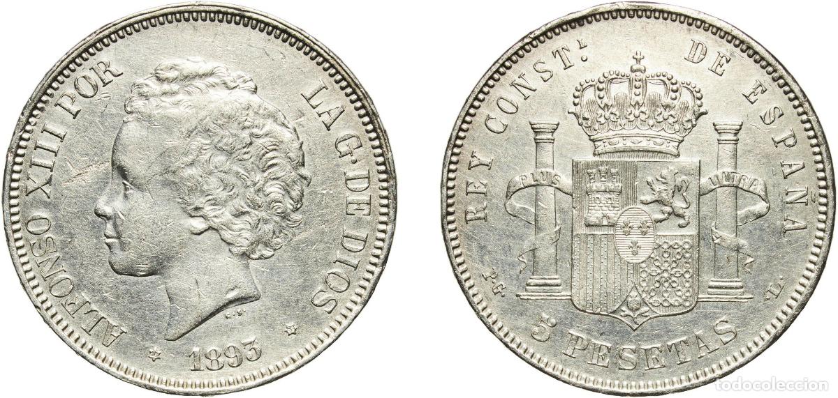 Monedas de Espa&ntilde;a: Spain Kingdom 1893 18-93 PGL 5 Pesetas - Alfonso XIII (2nd portrait) Silver (.900) Madrid Mint (25