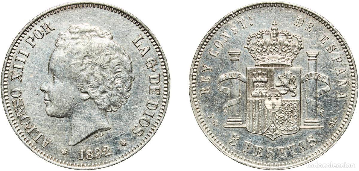 Monedas de Espa&ntilde;a: Spain Kingdom 1892 18-92 PGM 5 Pesetas - Alfonso XIII (2nd portrait) Silver (.900) Madrid Mint (70