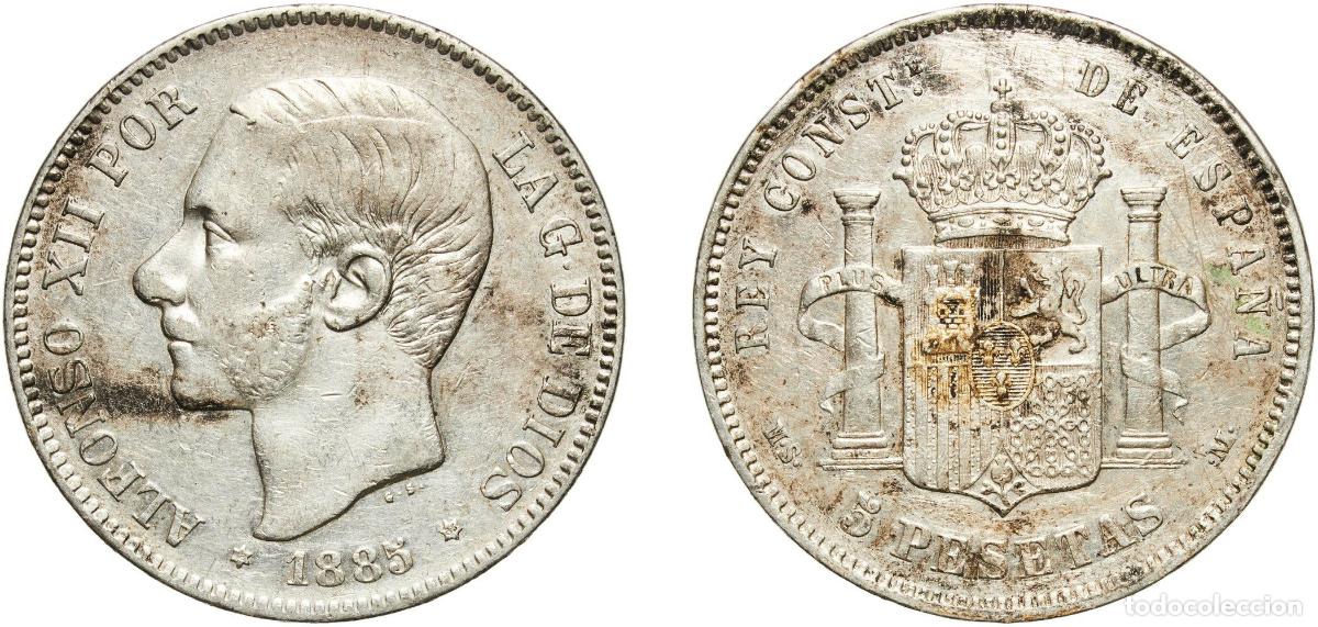 Monedas de Espa&ntilde;a: Spain Kingdom 1885 18-85 MSM 5 Pesetas - Alfonso XII (3rd portrait) Silver (.900) Madrid Mint (314