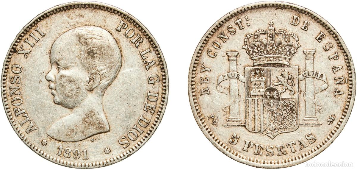Monedas de Espa&ntilde;a: Spain Kingdom 1891 18-91 PGM 5 Pesetas - Alfonso XIII (1st portrait) Silver (.900) Madrid Mint (11