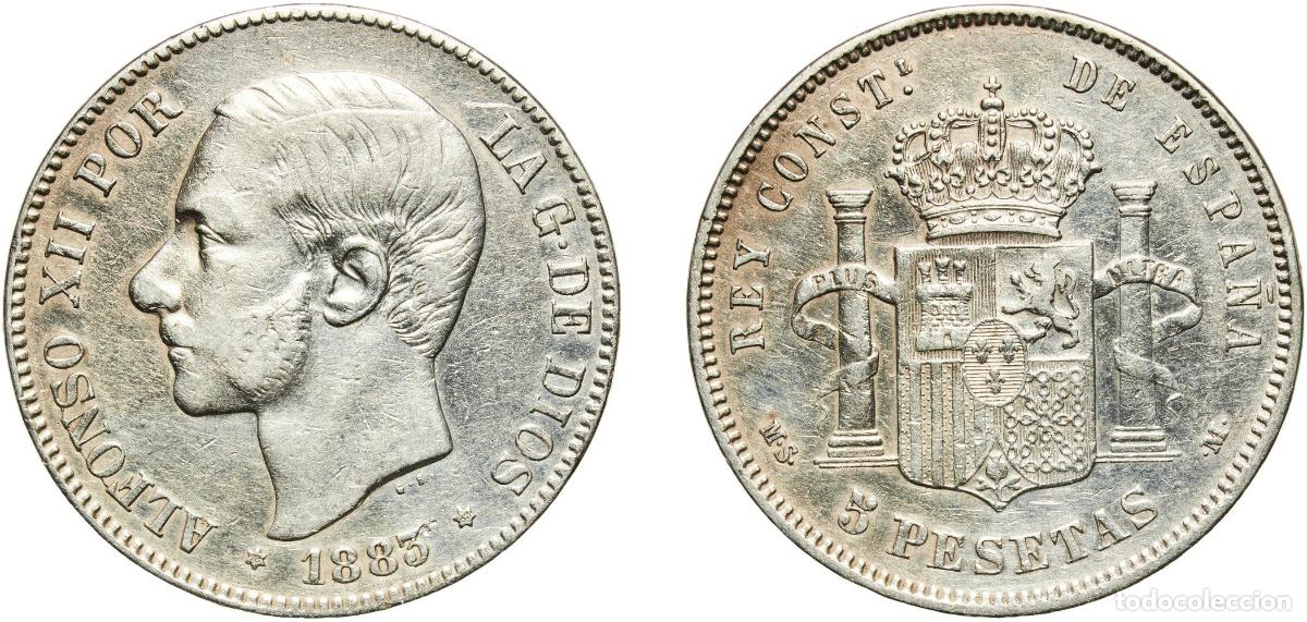 Monedas de Espa&ntilde;a: Spain Kingdom 1883 18-83 MSM 5 Pesetas - Alfonso XII (3rd portrait) Silver (.900) Madrid Mint (550