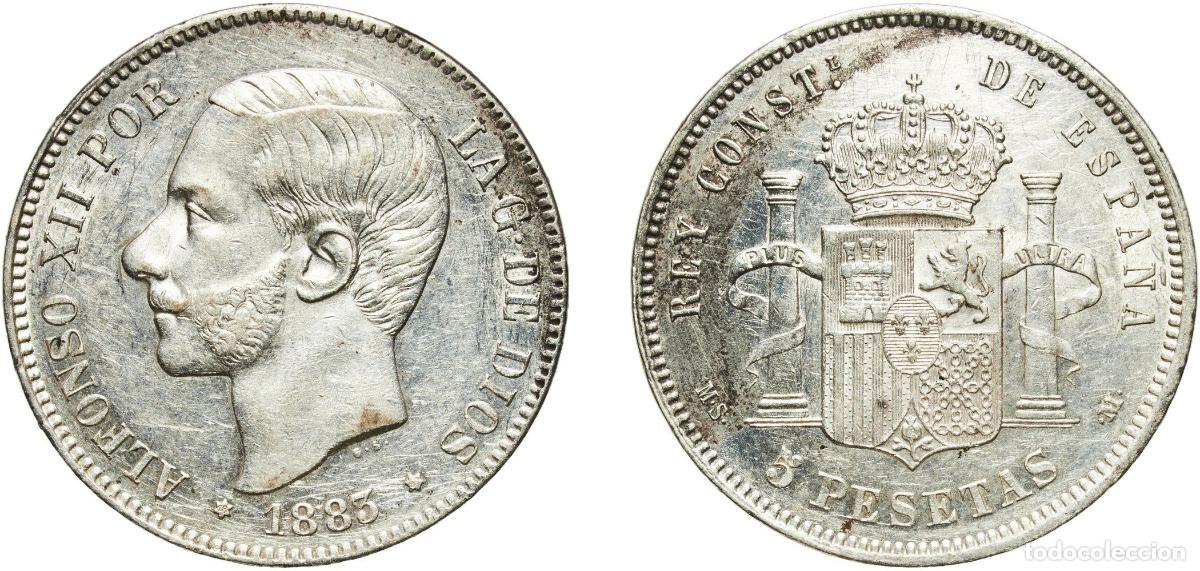 Monedas de Espa&ntilde;a: Spain Kingdom 1883 18-83 MSM 5 Pesetas - Alfonso XII (3rd portrait) Silver (.900) Madrid Mint (550