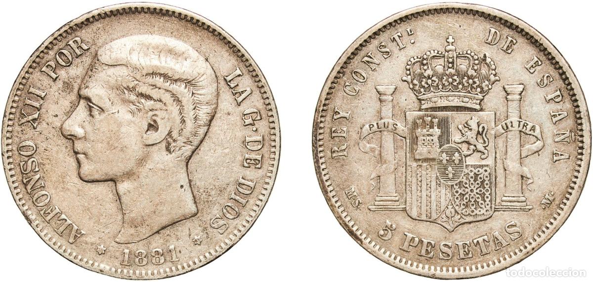 Monedas de Espa&ntilde;a: Spain Kingdom 1881 18-81 MSM 5 Pesetas - Alfonso XII (2nd portrait) Silver (.900) Madrid Mint (699